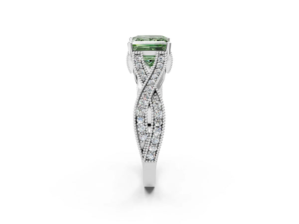 White Gold Princess Cut Graduated Pave Twist Engagement Ring Setting for Fancy Green Center