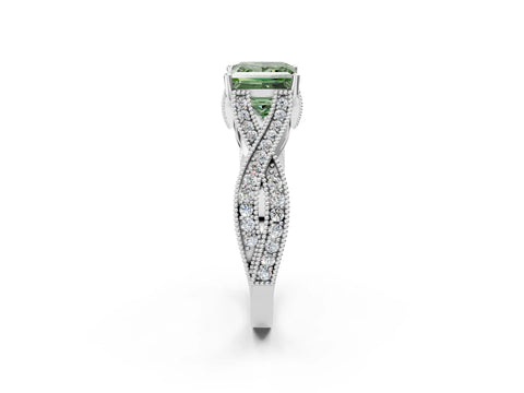 White gold Fancy Green Princess Cut Cut Diamond Twisted Band with Milgrain Pave Setting and Four-Prong Setting_14