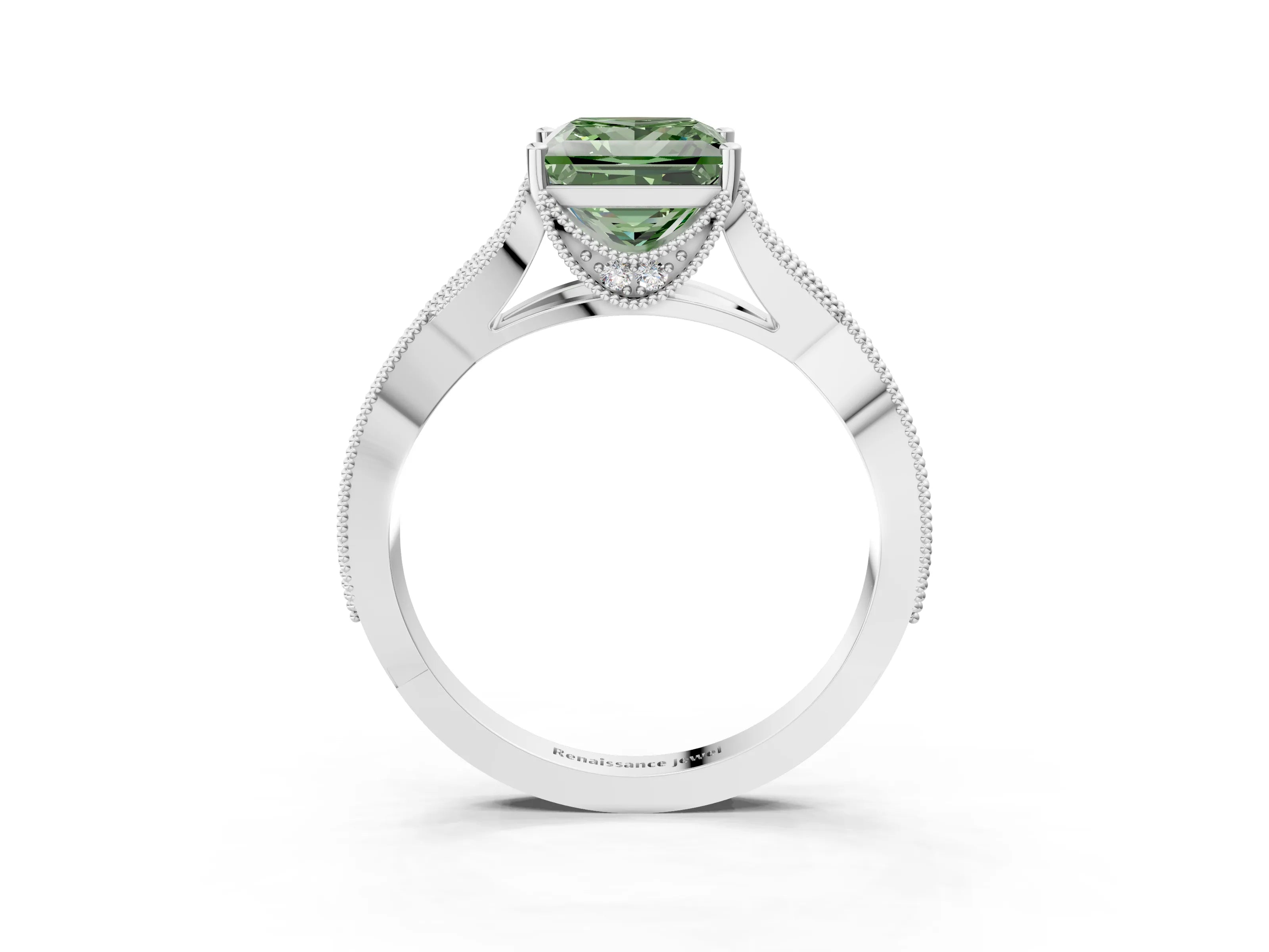 White gold Fancy Green Princess Cut Cut Diamond Twisted Band with Milgrain Pave Setting and Four-Prong Setting_15