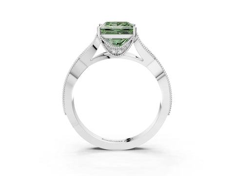 White gold Fancy Green Princess Cut Cut Diamond Twisted Band with Milgrain Pave Setting and Four-Prong Setting_15