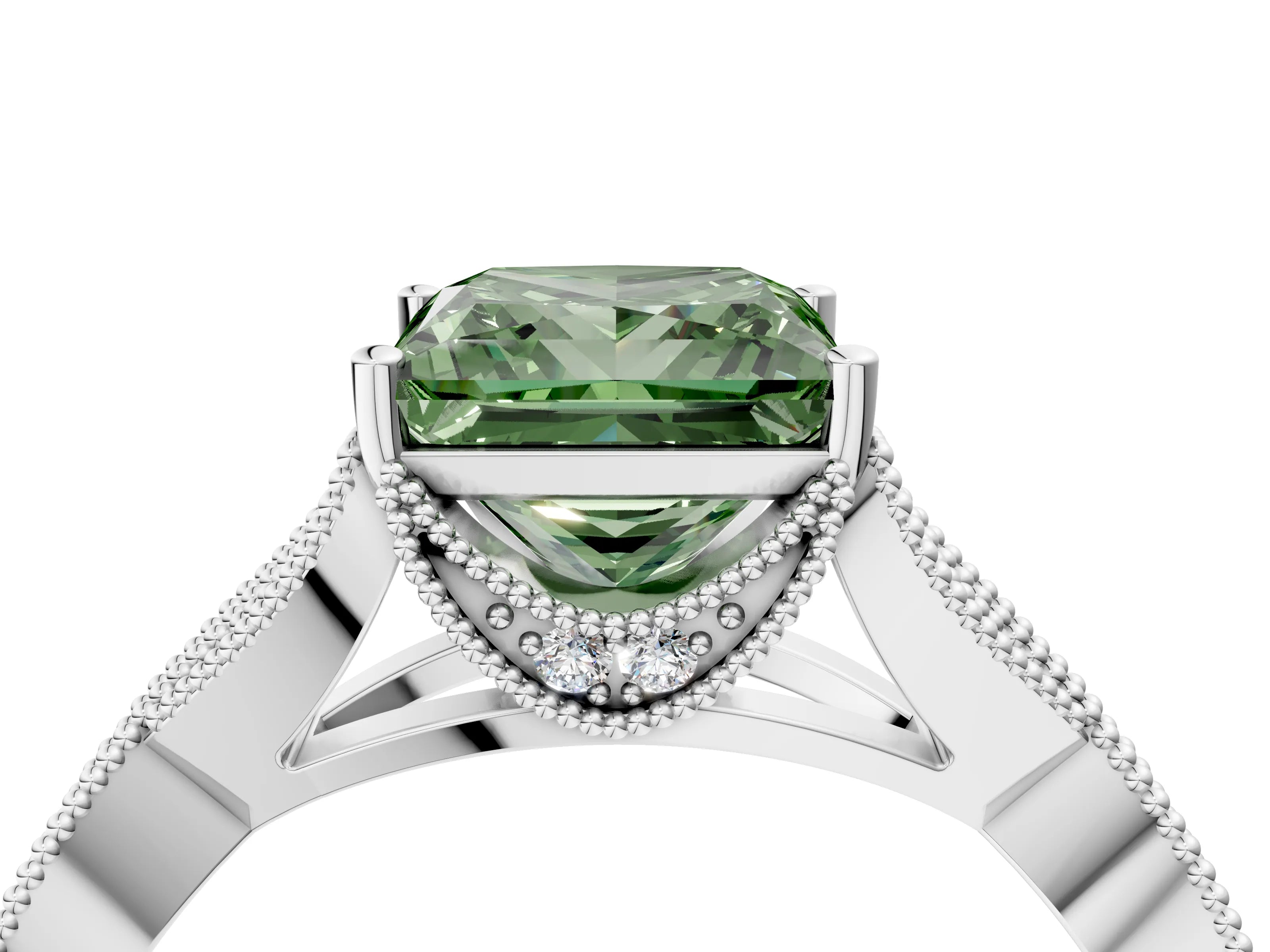 White gold Fancy Green Princess Cut Cut Diamond Twisted Band with Milgrain Pave Setting and Four-Prong Setting_16