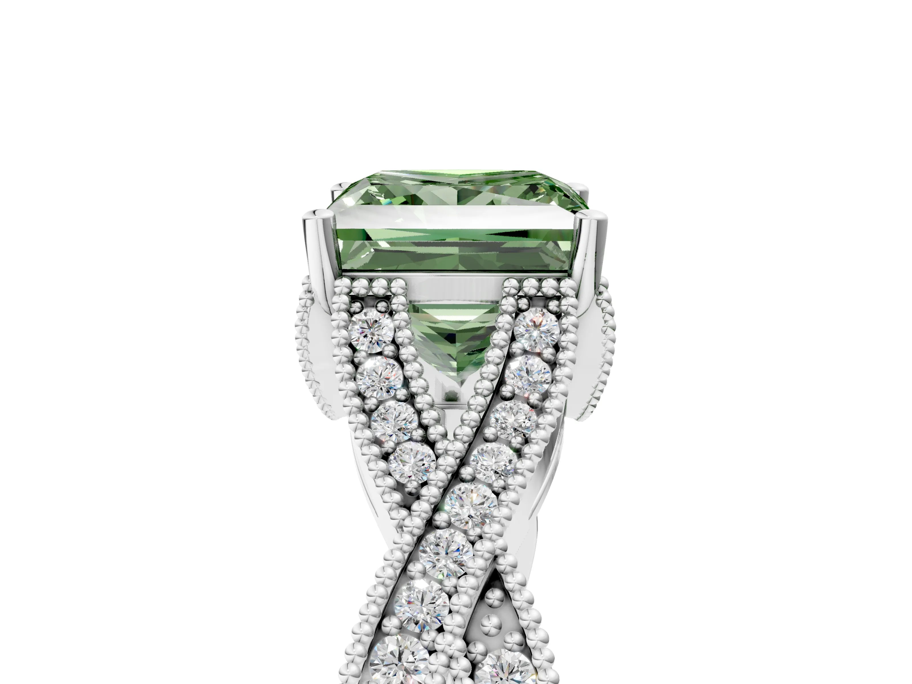 White gold Fancy Green Princess Cut Cut Diamond Twisted Band with Milgrain Pave Setting and Four-Prong Setting_17