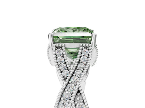 White gold Fancy Green Princess Cut Cut Diamond Twisted Band with Milgrain Pave Setting and Four-Prong Setting_17