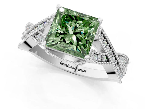 White gold Fancy Green Princess Cut Cut Diamond Twisted Band with Milgrain Pave Setting and Four-Prong Setting_1