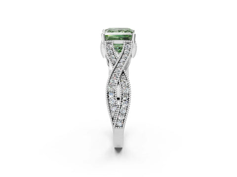 White gold Fancy Green Princess Cut Cut Diamond Twisted Band with Milgrain Pave Setting and Four-Prong Setting_2