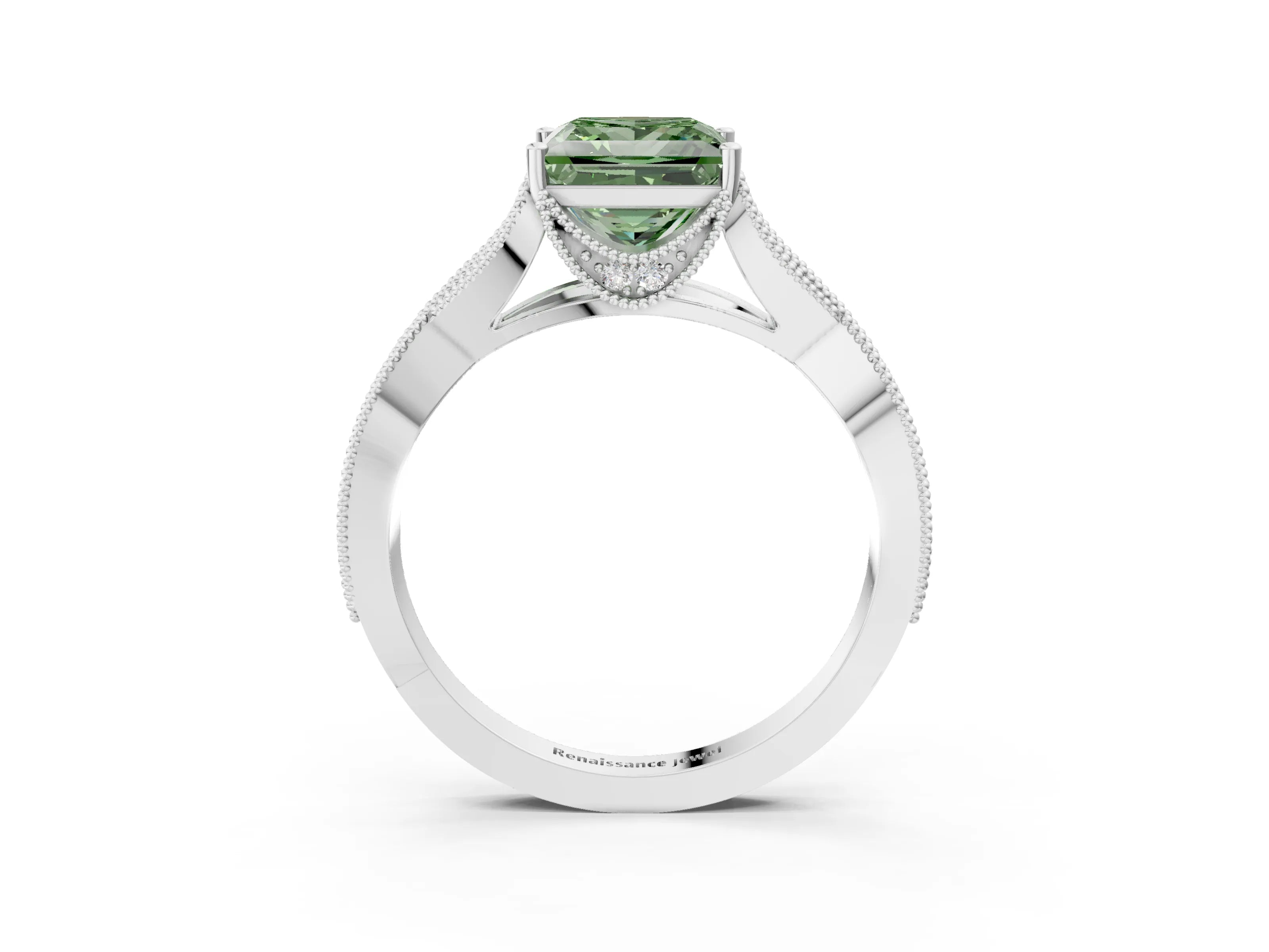 White gold Fancy Green Princess Cut Cut Diamond Twisted Band with Milgrain Pave Setting and Four-Prong Setting_3
