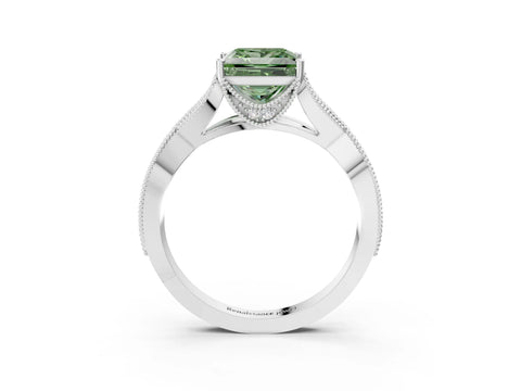 White gold Fancy Green Princess Cut Cut Diamond Twisted Band with Milgrain Pave Setting and Four-Prong Setting_3