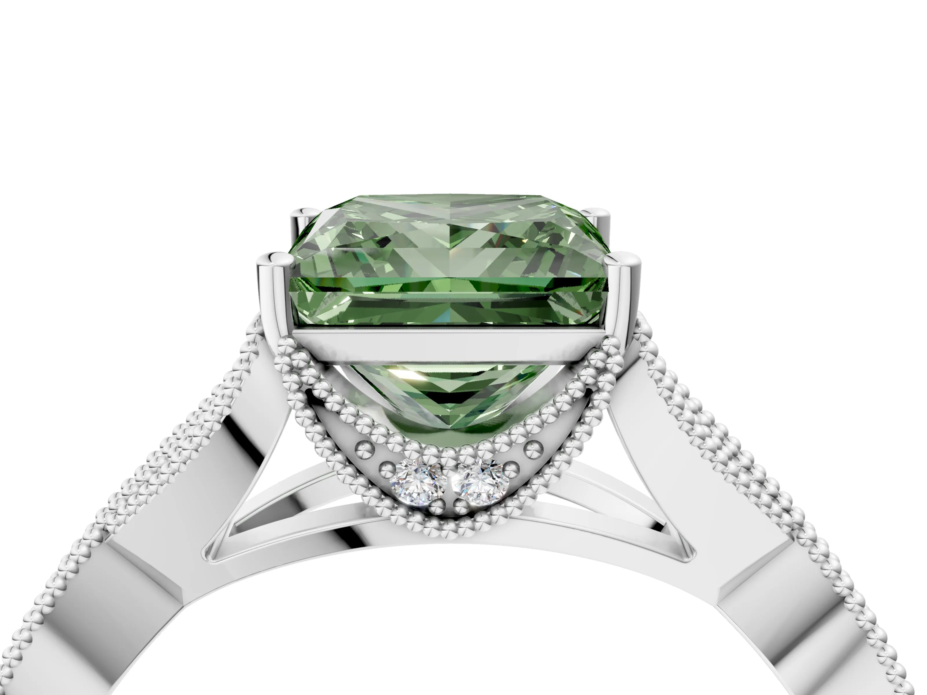 White gold Fancy Green Princess Cut Cut Diamond Twisted Band with Milgrain Pave Setting and Four-Prong Setting_4