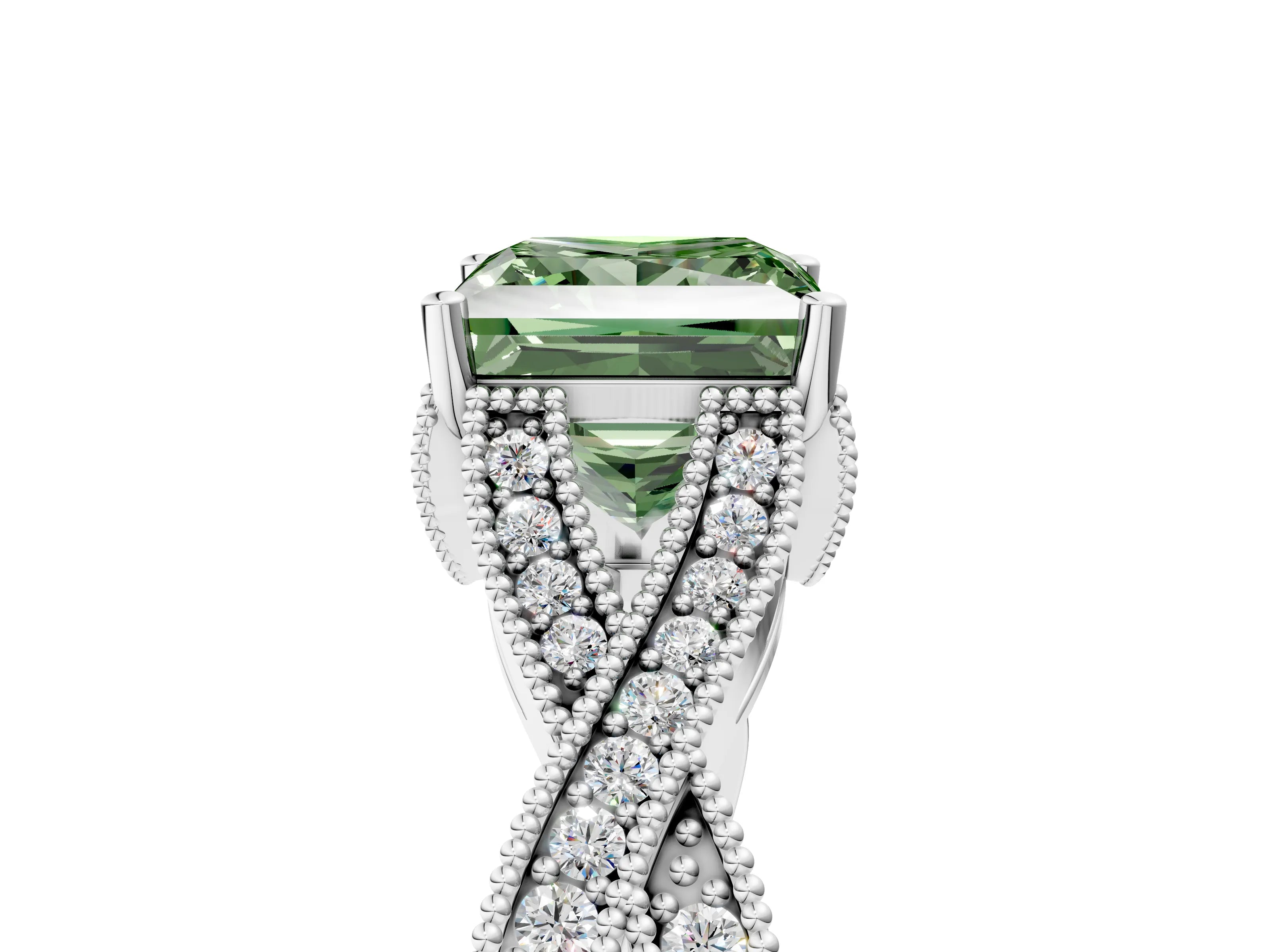 White gold Fancy Green Princess Cut Cut Diamond Twisted Band with Milgrain Pave Setting and Four-Prong Setting_5