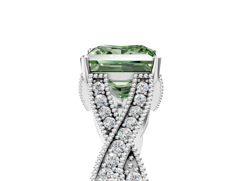 White gold Fancy Green Princess Cut Cut Diamond Twisted Band with Milgrain Pave Setting and Four-Prong Setting_5