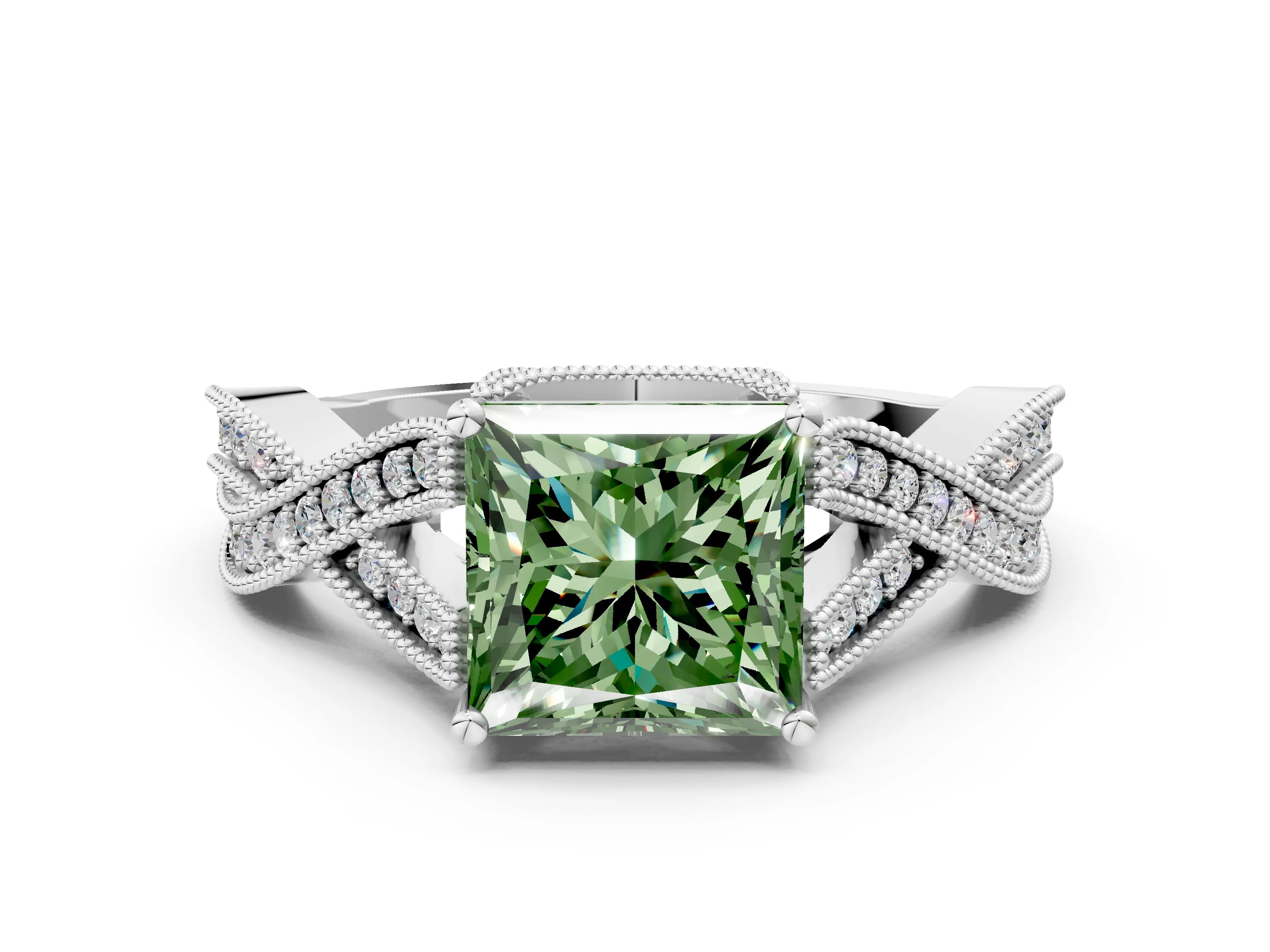 White gold Fancy Green Princess Cut Cut Diamond Twisted Band with Milgrain Pave Setting and Four-Prong Setting