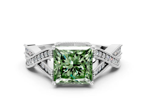 White gold Fancy Green Princess Cut Cut Diamond Twisted Band with Milgrain Pave Setting and Four-Prong Setting