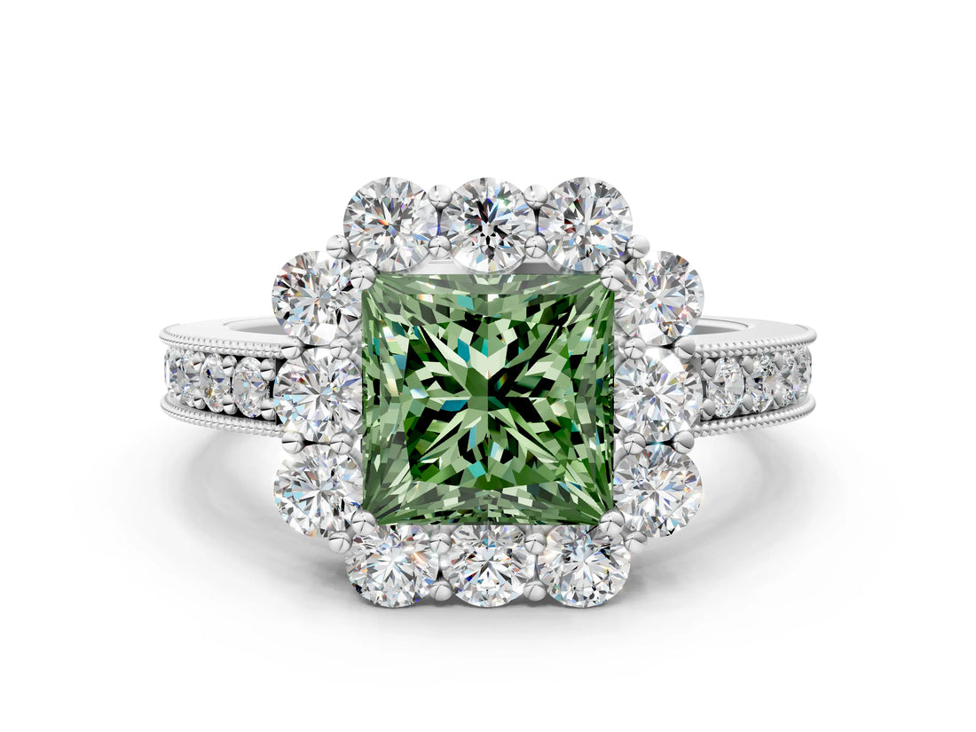 White gold Fancy Green Princess Cut Cut Halo Diamond Pavé Engagement Ring with Milgrain Detailing_12