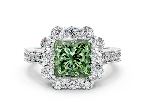 Platinum Fancy Green Princess Cut Cut Halo Diamond Pavé Engagement Ring with Milgrain Detailing