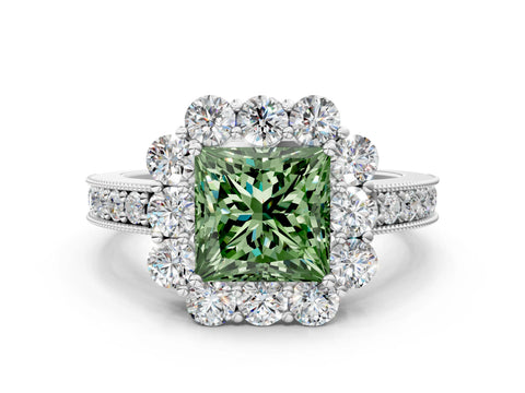 White gold Fancy Green Princess Cut Cut Halo Diamond Pavé Engagement Ring with Milgrain Detailing_12