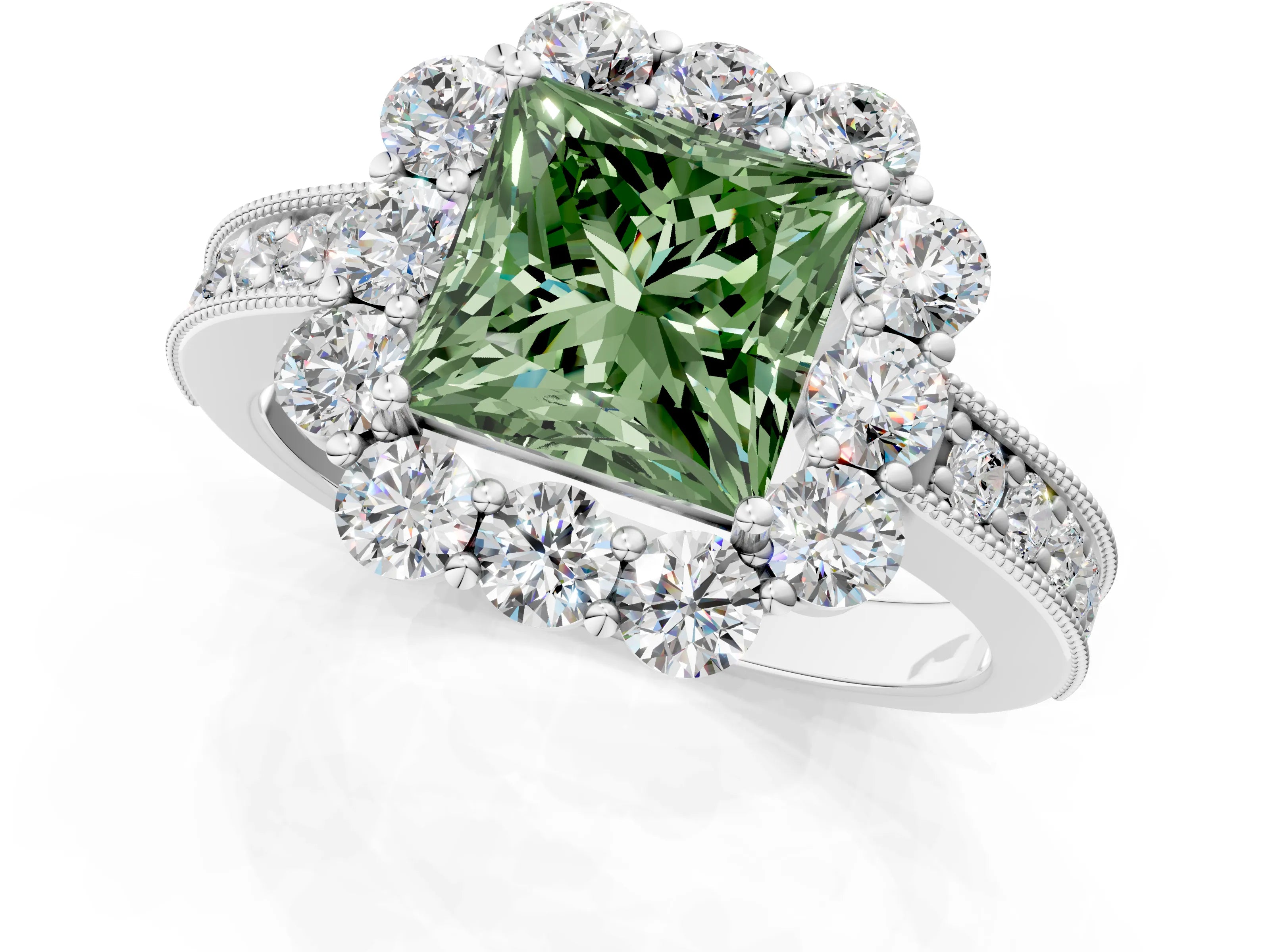 White gold Fancy Green Princess Cut Cut Halo Diamond Pavé Engagement Ring with Milgrain Detailing_13
