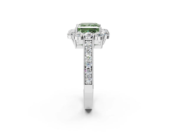 Platinum Fancy Green Princess Cut Cut Halo Diamond Pavé Engagement Ring with Milgrain Detailing