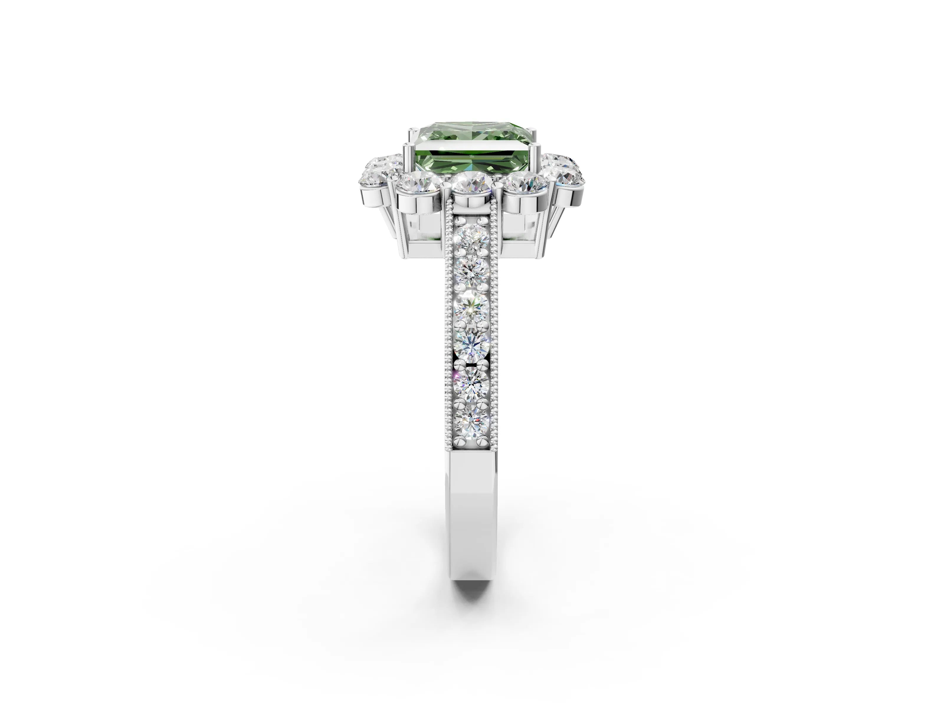 White gold Fancy Green Princess Cut Cut Halo Diamond Pavé Engagement Ring with Milgrain Detailing_14