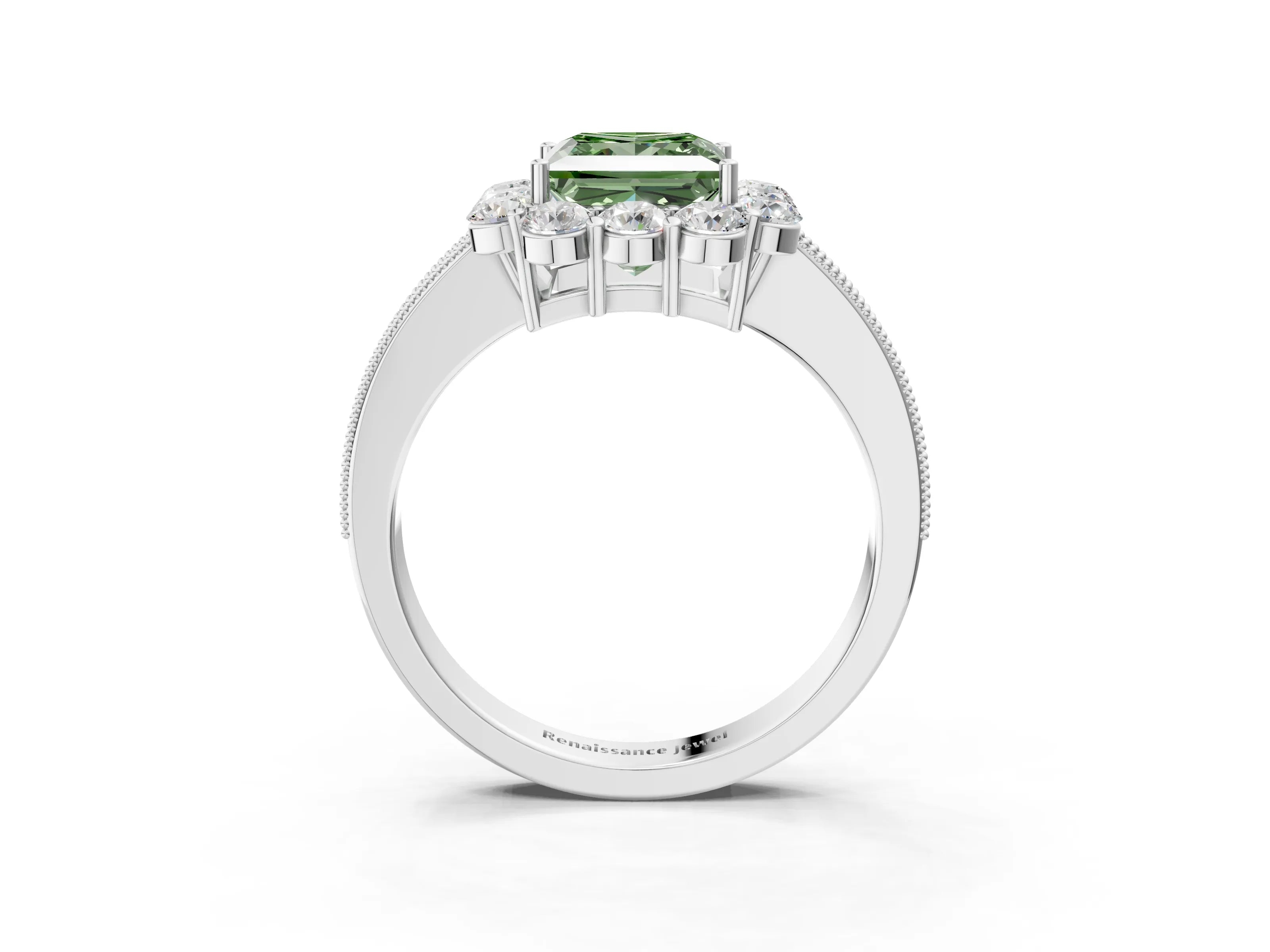 White gold Fancy Green Princess Cut Cut Halo Diamond Pavé Engagement Ring with Milgrain Detailing_15