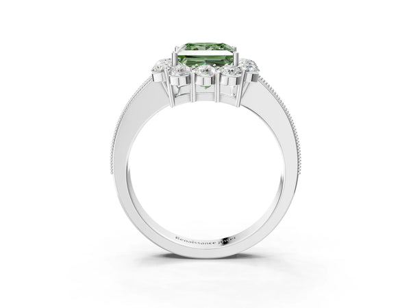 Platinum Fancy Green Princess Cut Cut Halo Diamond Pavé Engagement Ring with Milgrain Detailing