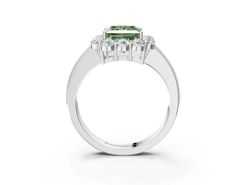 White gold Fancy Green Princess Cut Cut Halo Diamond Pavé Engagement Ring with Milgrain Detailing_15