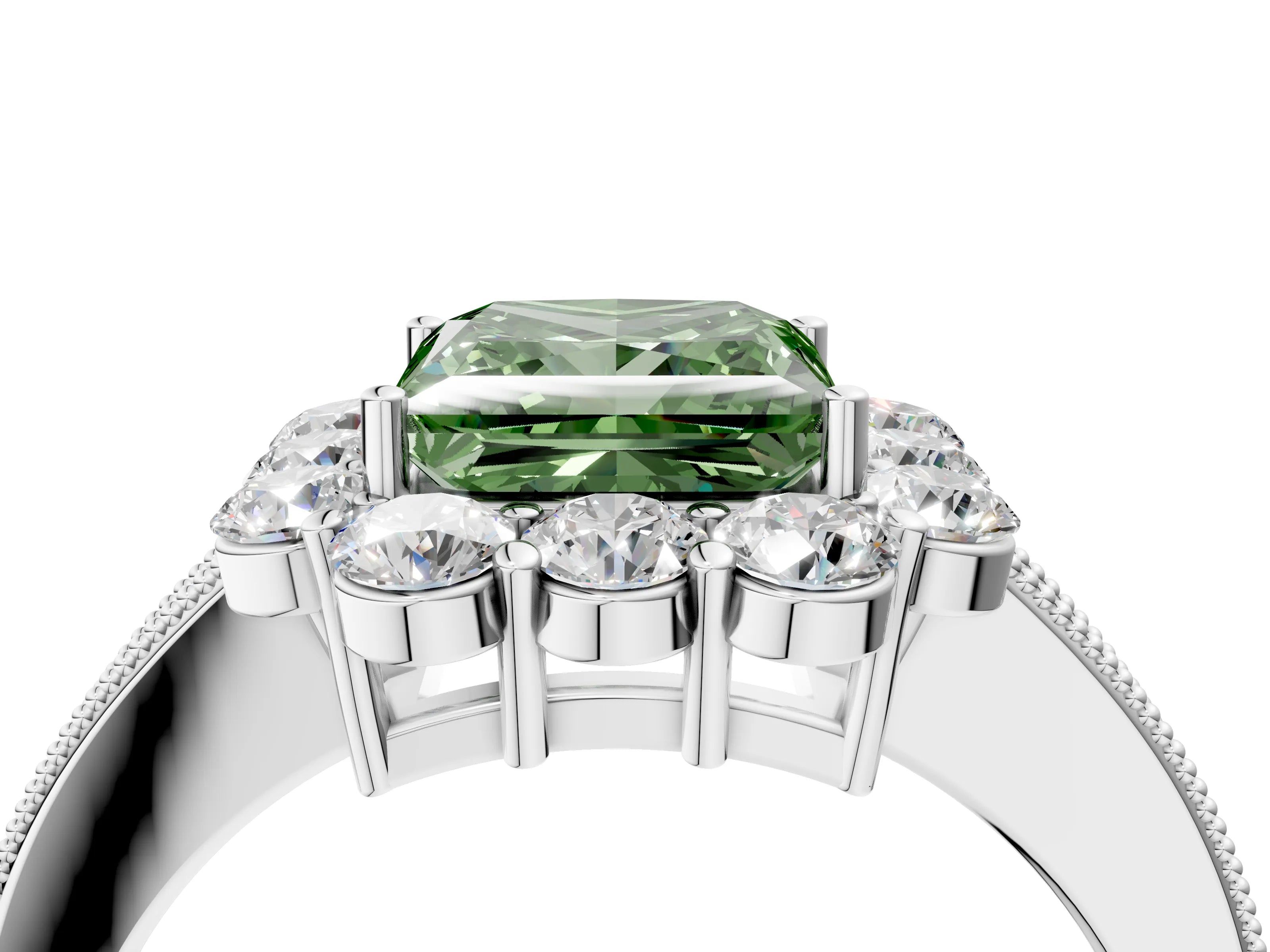 White gold Fancy Green Princess Cut Cut Halo Diamond Pavé Engagement Ring with Milgrain Detailing_16