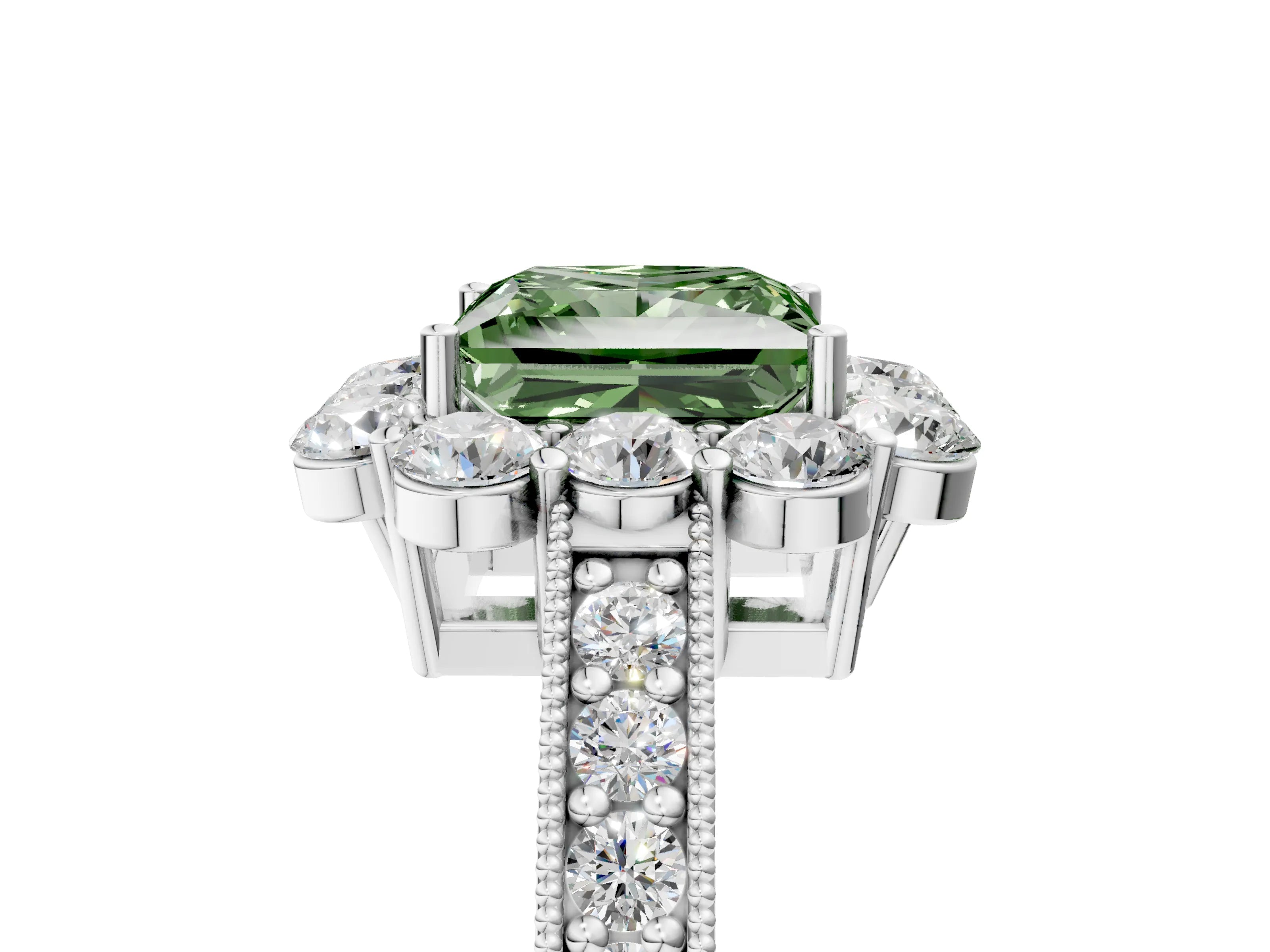 White gold Fancy Green Princess Cut Cut Halo Diamond Pavé Engagement Ring with Milgrain Detailing_17