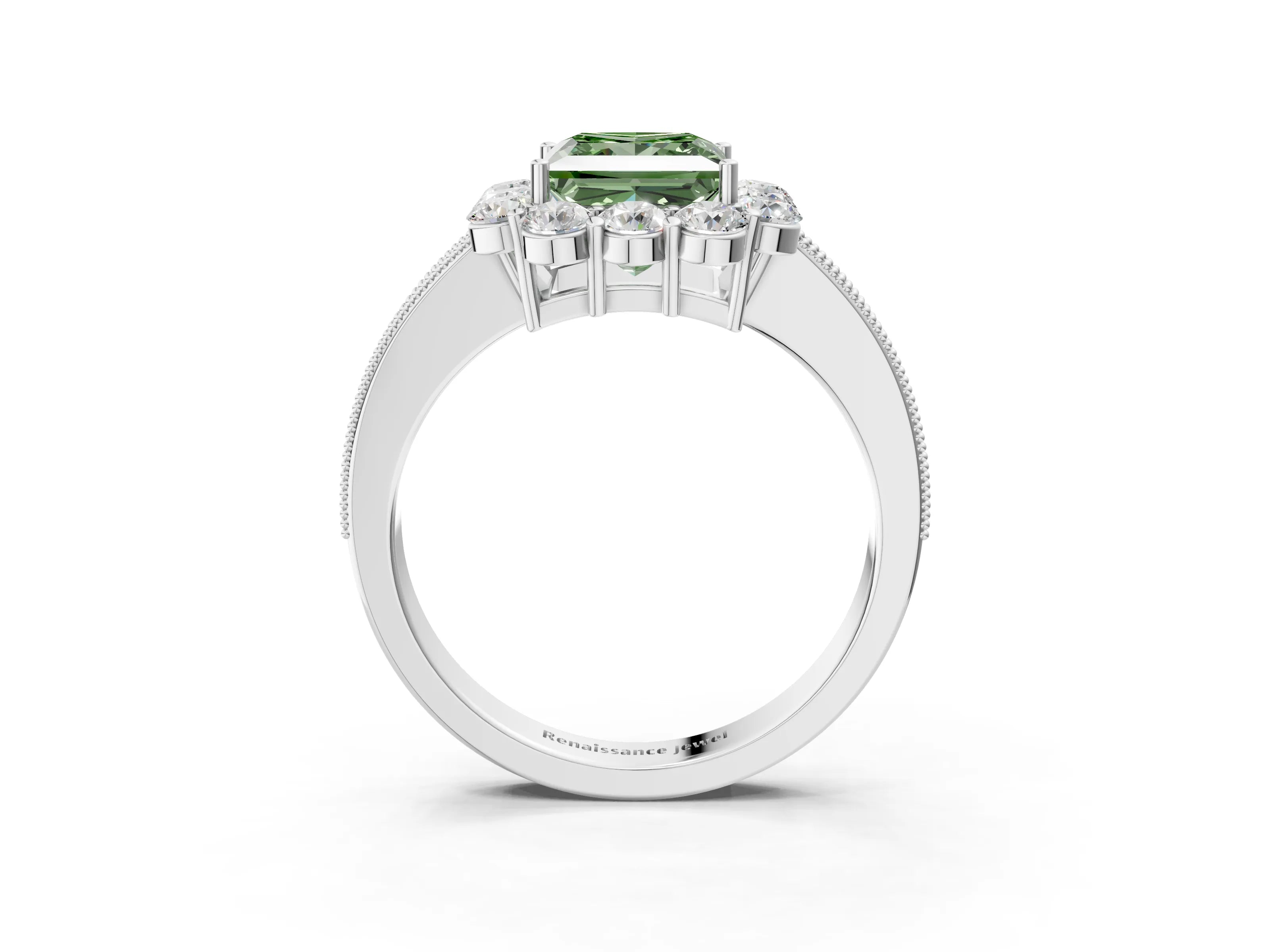 White gold Fancy Green Princess Cut Cut Halo Diamond Pavé Engagement Ring with Milgrain Detailing_3