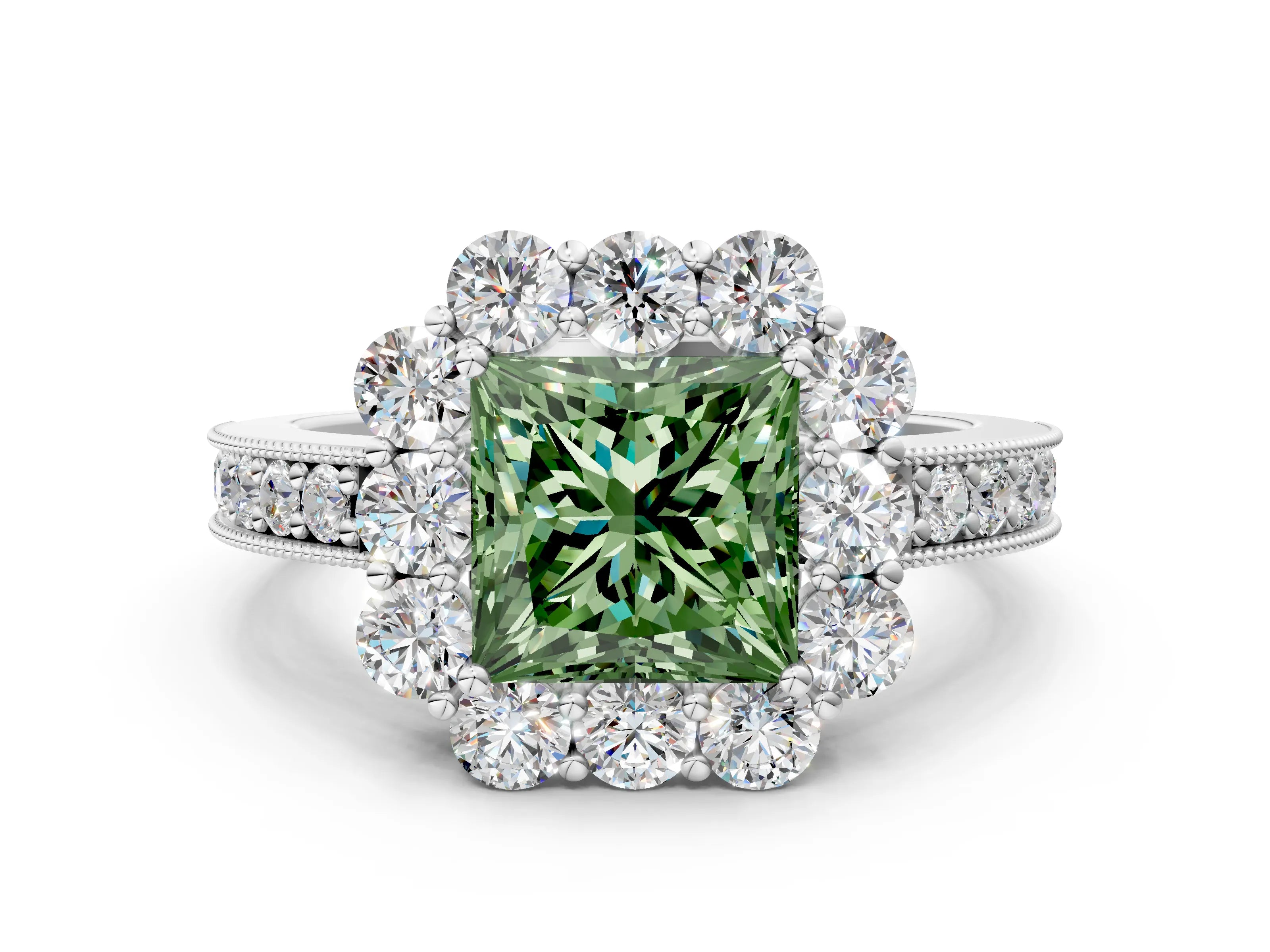 White gold Fancy Green Princess Cut Cut Halo Diamond Pavé Engagement Ring with Milgrain Detailing