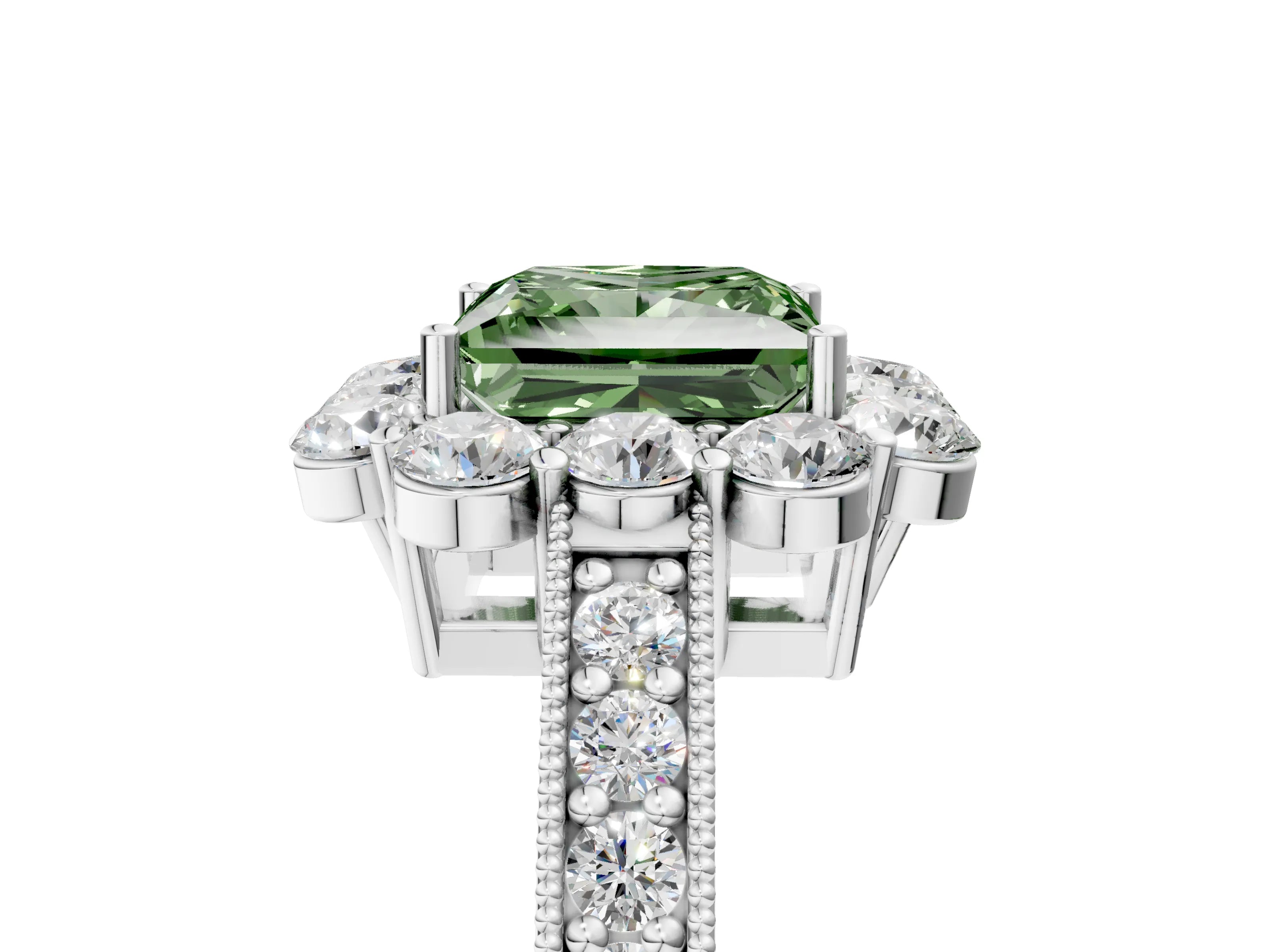 White gold Fancy Green Princess Cut Cut Halo Diamond Pavé Engagement Ring with Milgrain Detailing_5