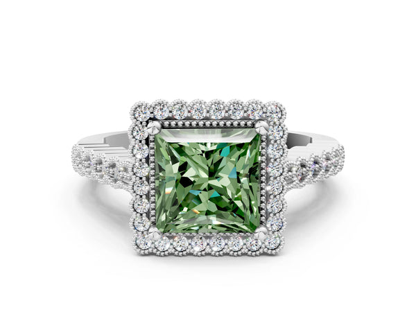 Platinum Fancy Green Princess Cut Cut Halo Pavé Solitaire Ring with Milgrain Band