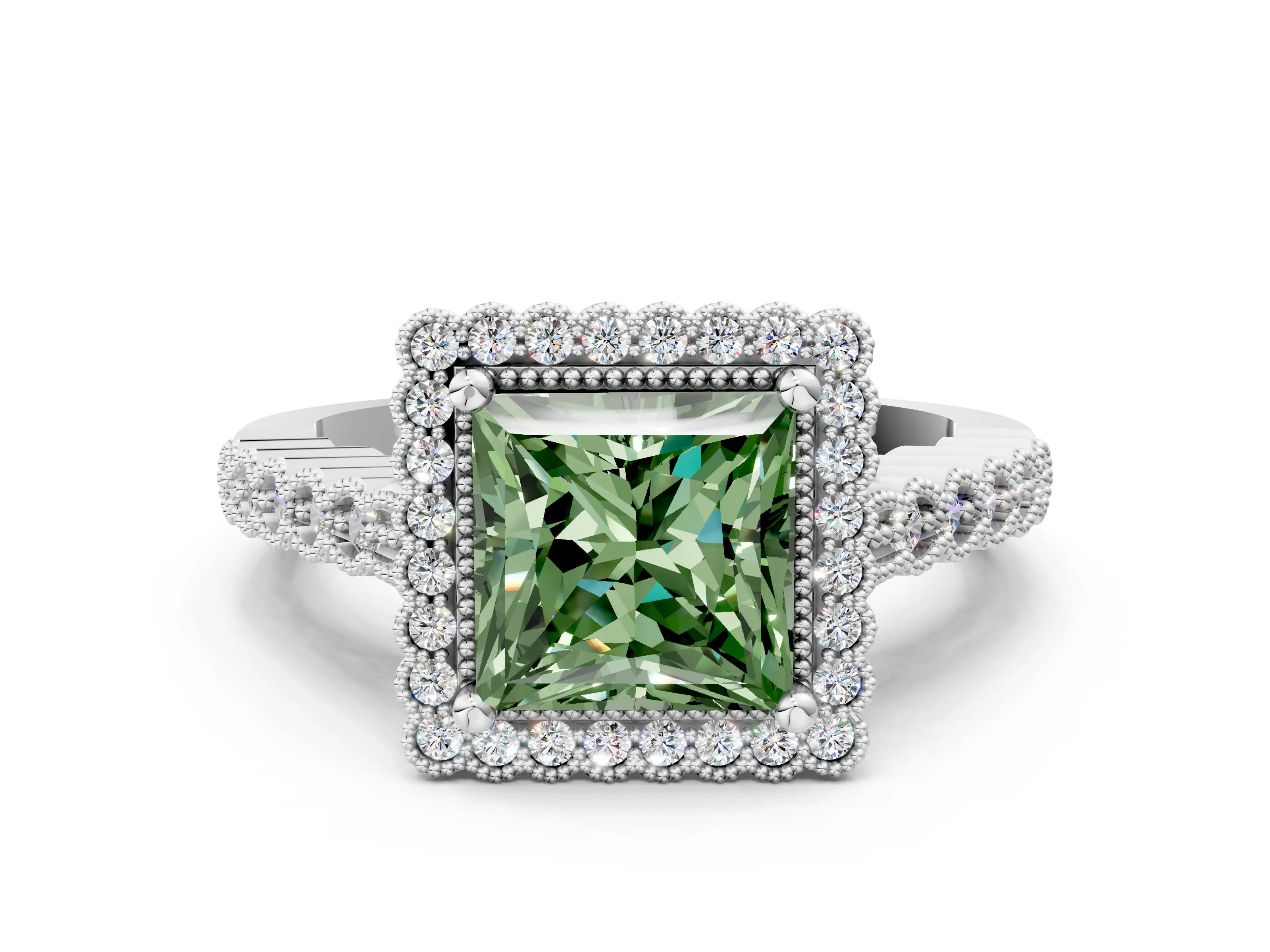 White gold Fancy Green Princess Cut Cut Halo Pavé Solitaire Ring with Milgrain Band_12