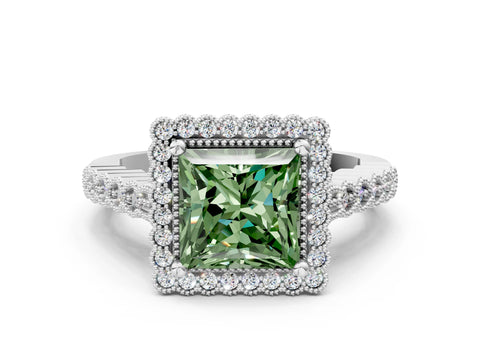 White gold Fancy Green Princess Cut Cut Halo Pavé Solitaire Ring with Milgrain Band_12