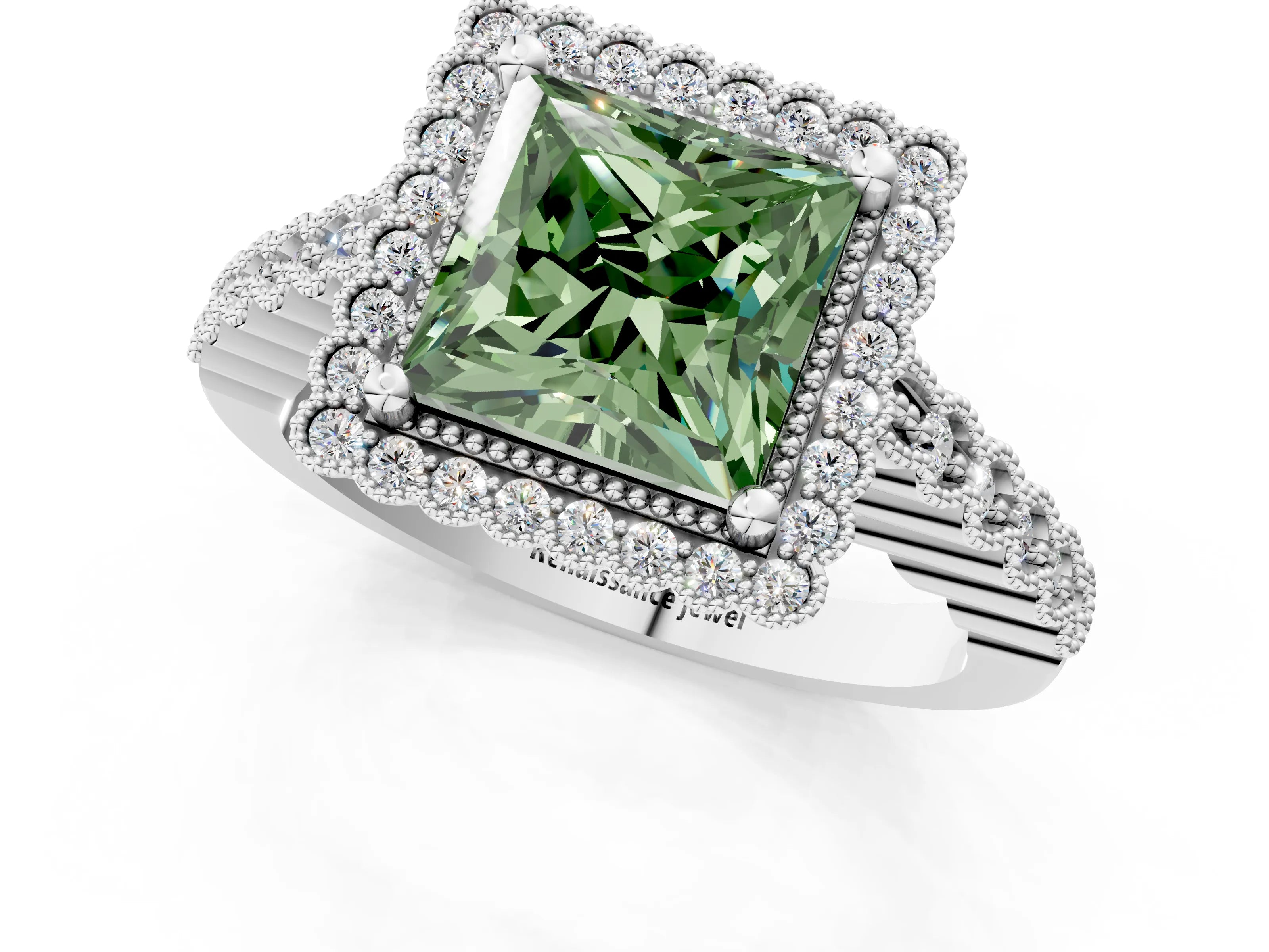 White gold Fancy Green Princess Cut Cut Halo Pavé Solitaire Ring with Milgrain Band_13