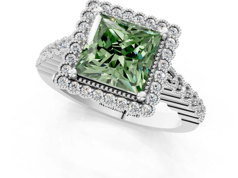 White gold Fancy Green Princess Cut Cut Halo Pavé Solitaire Ring with Milgrain Band_13