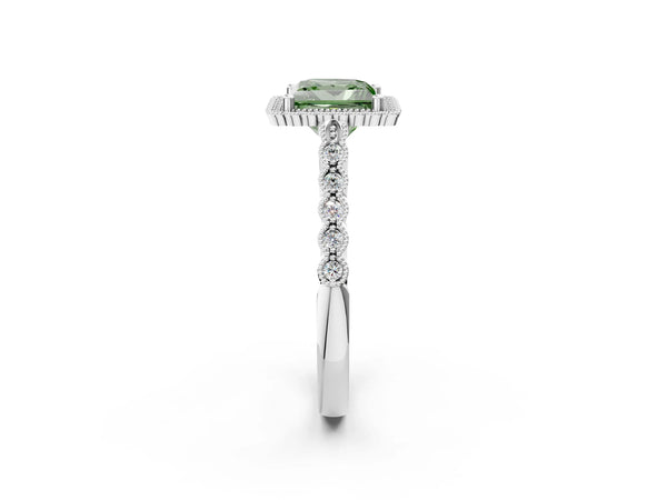 Platinum Fancy Green Princess Cut Cut Halo Pavé Solitaire Ring with Milgrain Band