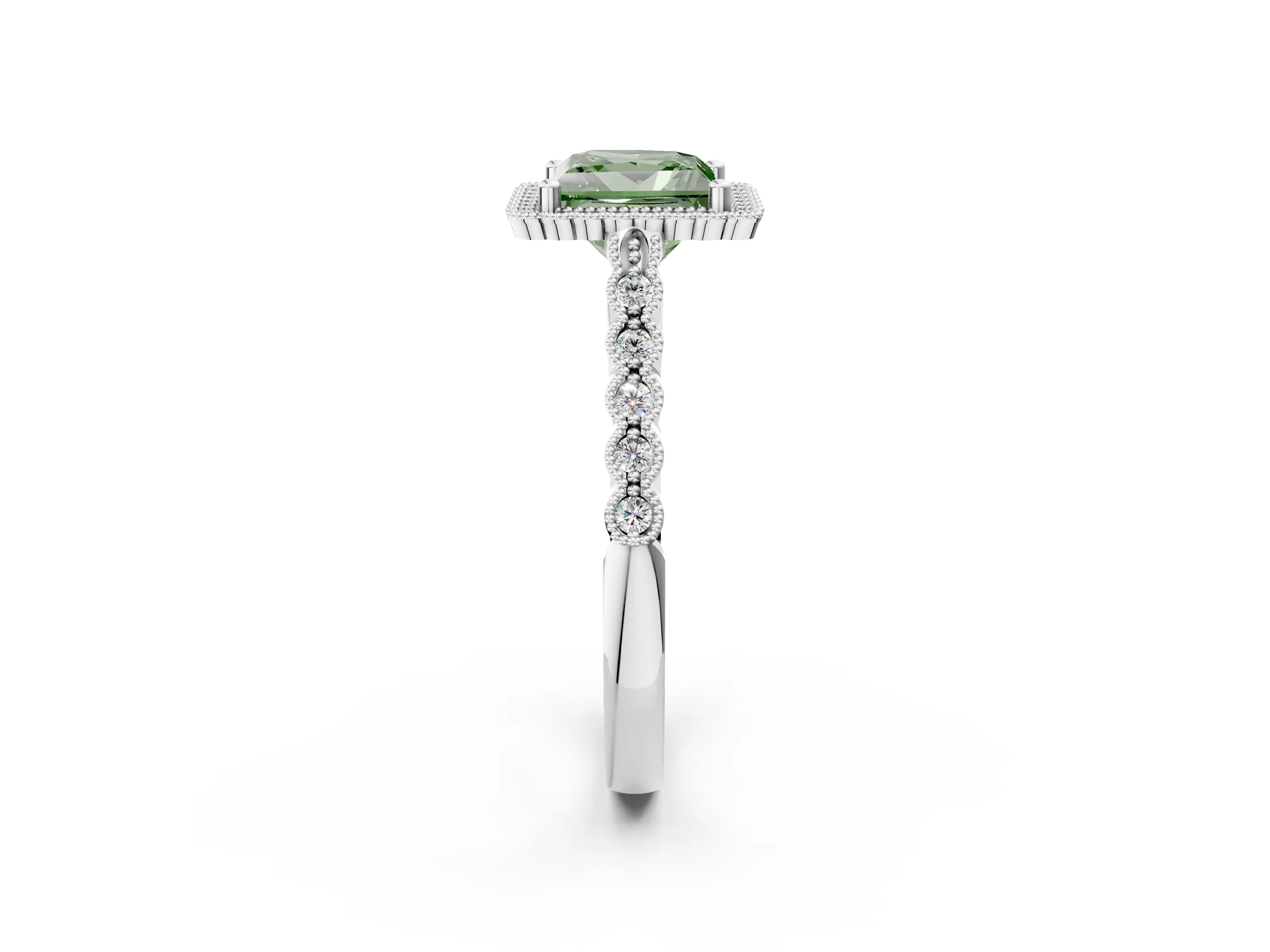 White gold Fancy Green Princess Cut Cut Halo Pavé Solitaire Ring with Milgrain Band_14