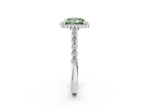 White gold Fancy Green Princess Cut Cut Halo Pavé Solitaire Ring with Milgrain Band_14