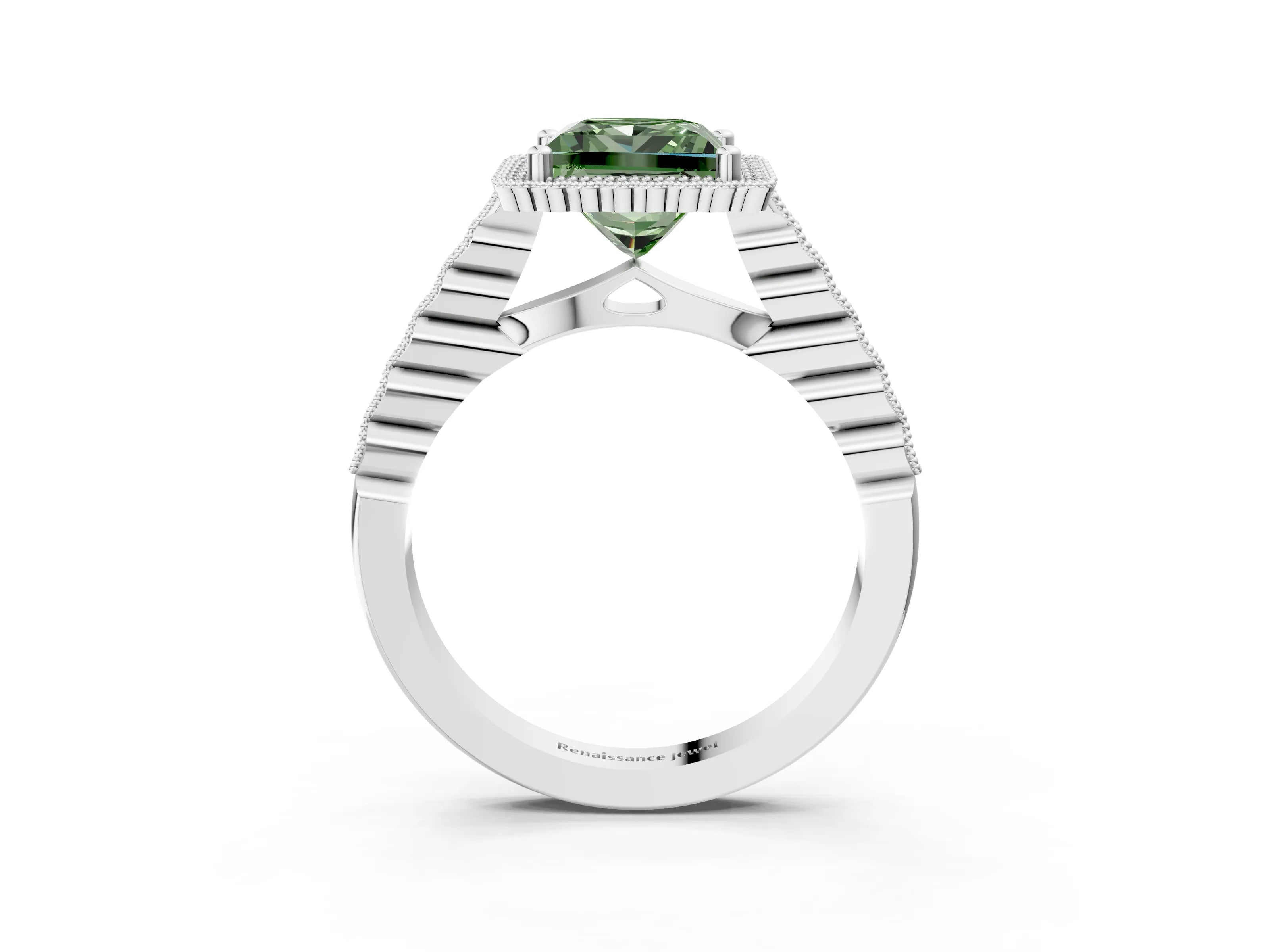 White gold Fancy Green Princess Cut Cut Halo Pavé Solitaire Ring with Milgrain Band_15