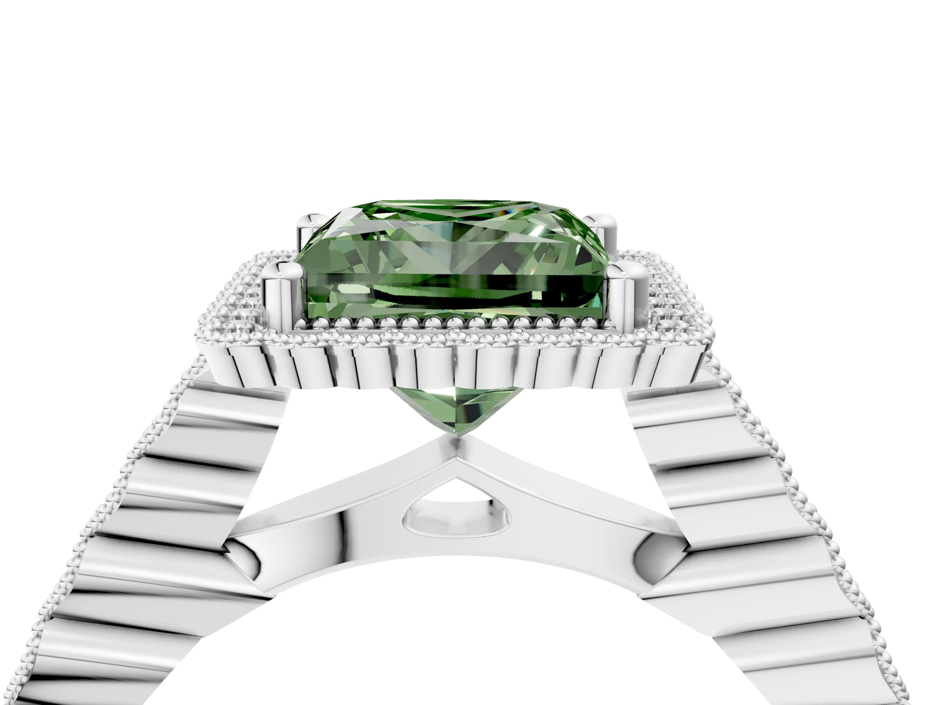 White gold Fancy Green Princess Cut Cut Halo Pavé Solitaire Ring with Milgrain Band_16