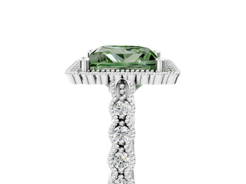 White gold Fancy Green Princess Cut Cut Halo Pavé Solitaire Ring with Milgrain Band_17