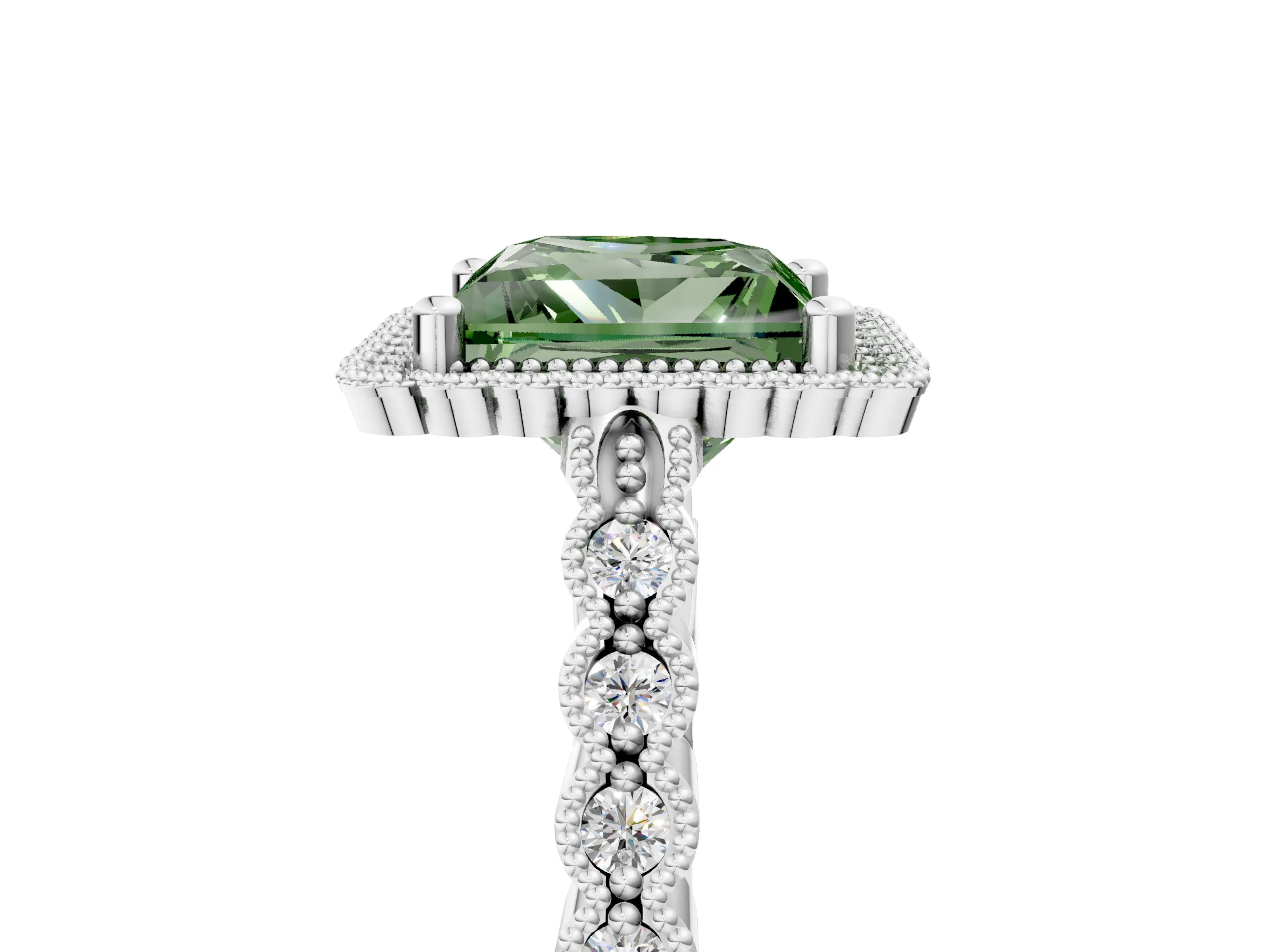 White gold Fancy Green Princess Cut Cut Halo Pavé Solitaire Ring with Milgrain Band_17