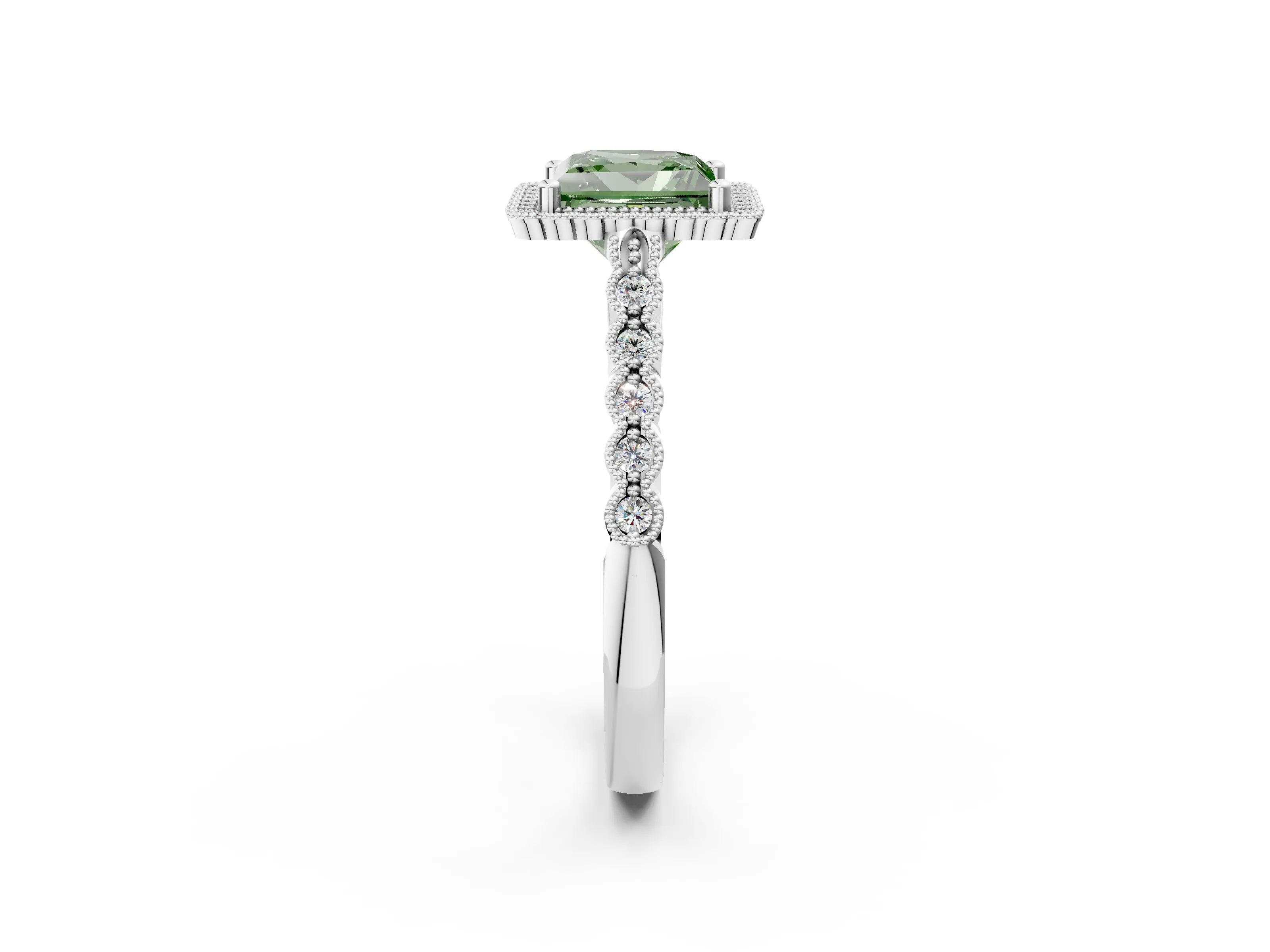 White gold Fancy Green Princess Cut Cut Halo Pavé Solitaire Ring with Milgrain Band_2