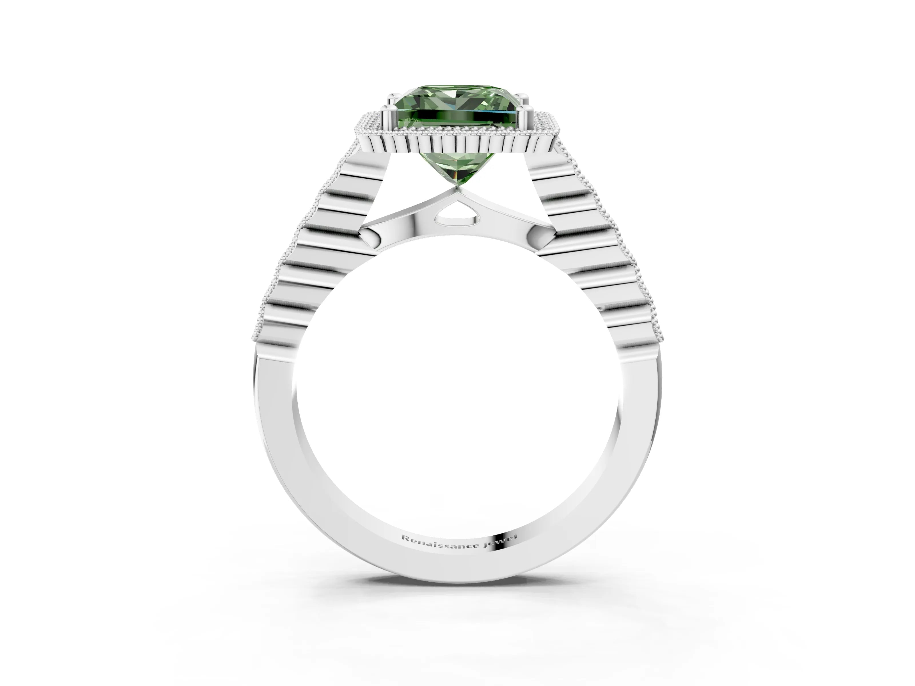 White gold Fancy Green Princess Cut Cut Halo Pavé Solitaire Ring with Milgrain Band_3