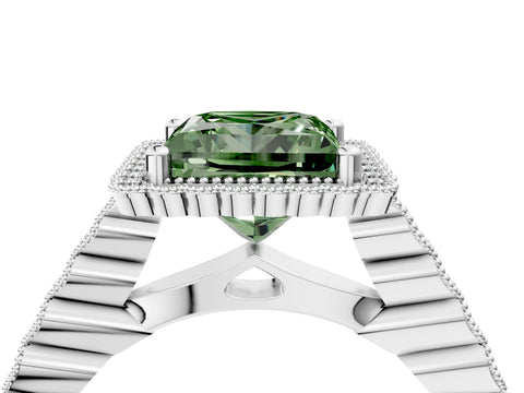 White gold Fancy Green Princess Cut Cut Halo Pavé Solitaire Ring with Milgrain Band_4