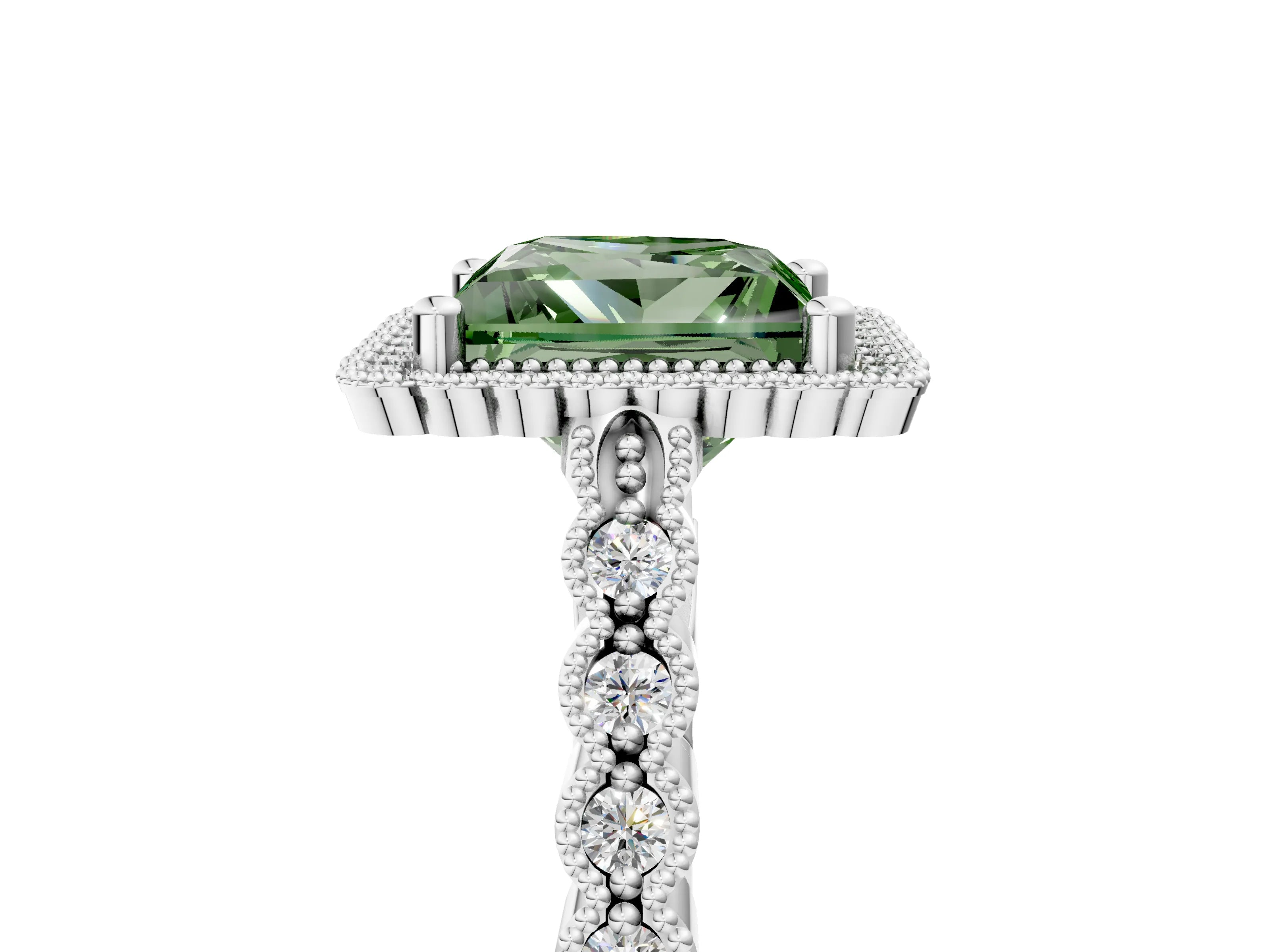 White gold Fancy Green Princess Cut Cut Halo Pavé Solitaire Ring with Milgrain Band_5