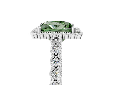 White gold Fancy Green Princess Cut Cut Halo Pavé Solitaire Ring with Milgrain Band_5
