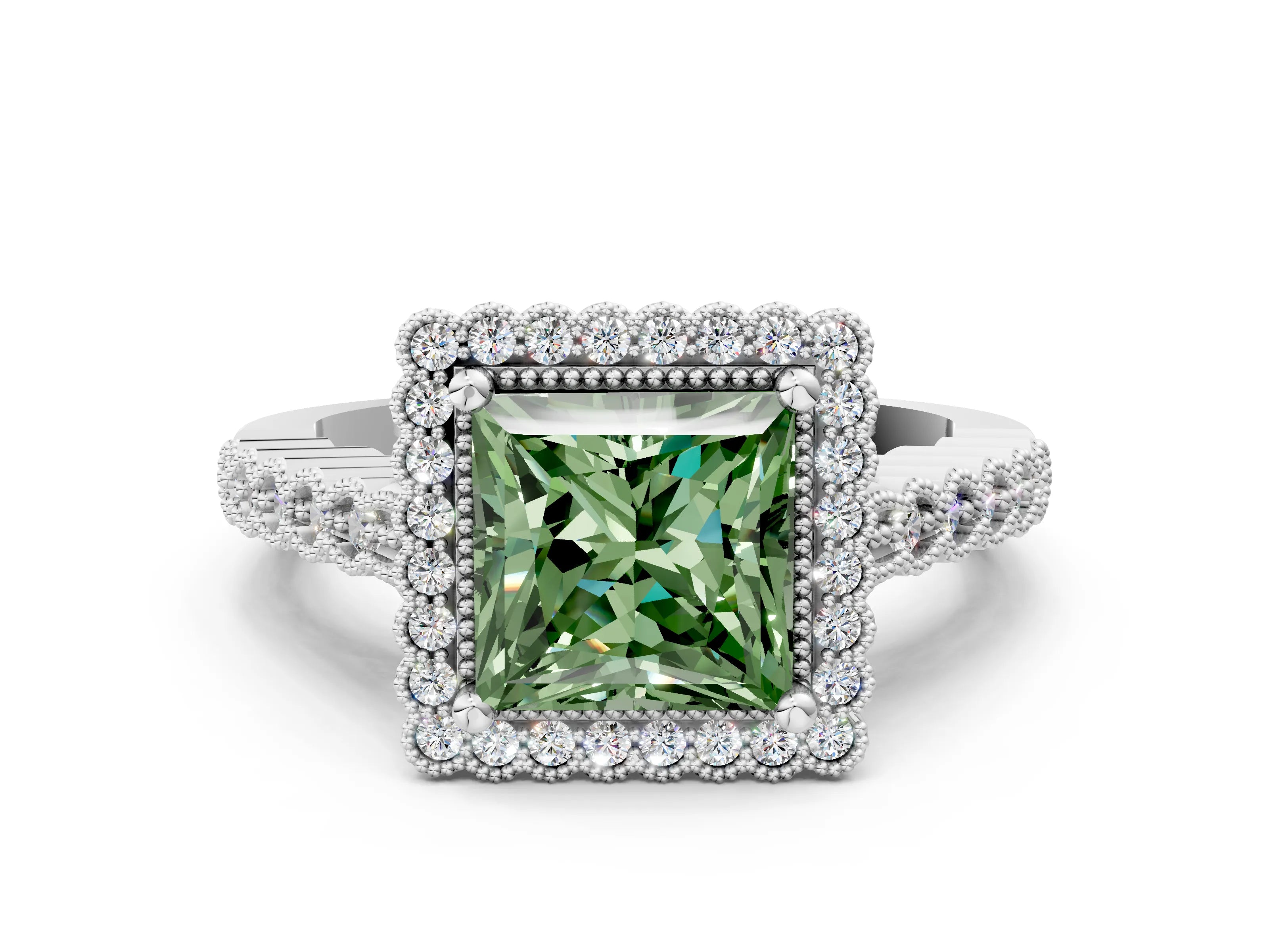 White gold Fancy Green Princess Cut Cut Halo Pavé Solitaire Ring with Milgrain Band