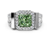 White gold Fancy Green Princess Cut Cut Halo Split Shank Prong Set Ring