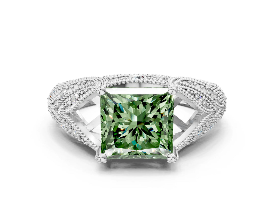 White gold Fancy Green Princess Cut Cut Milgrain Pave Diamond Engagement Ring with Four-Prong Setting_15